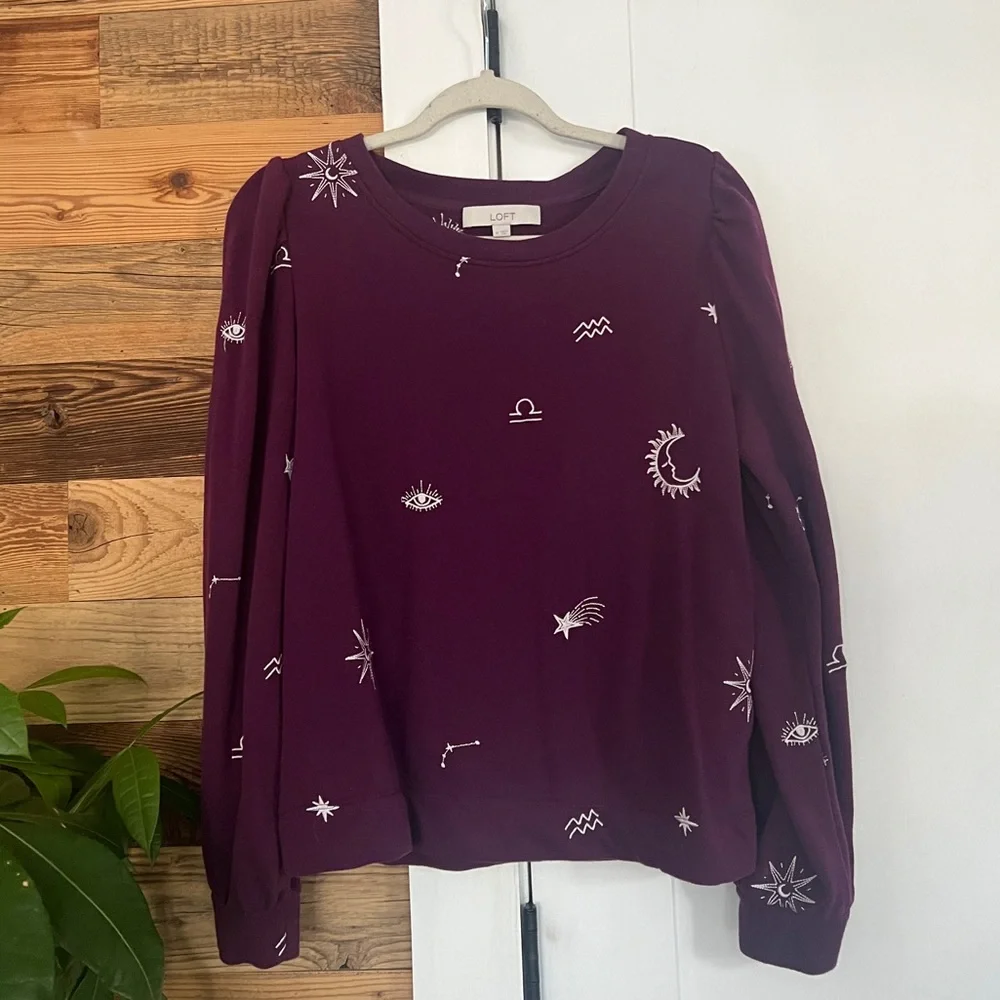 LOFT Embroidered Celestial Deep Purple Puff Sleeve Long Sleeve Top Medium - Picture 2 of 4